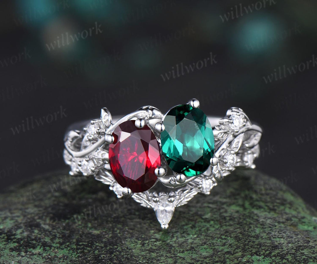 Two stone oval emerald ruby engagement ring 14k white gold leaf diamond bridal set Toi et Moi ring set women jewelry