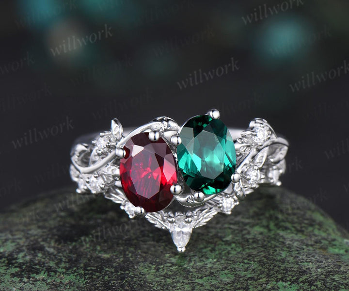 Two stone oval emerald ruby engagement ring 14k white gold leaf diamond bridal set Toi et Moi ring set women jewelry