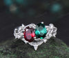 Two stone oval emerald ruby engagement ring 14k white gold leaf diamond bridal set Toi et Moi ring set women jewelry