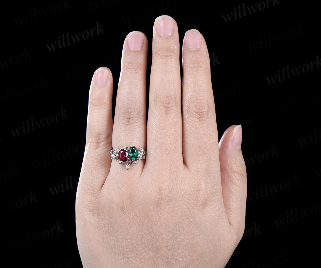 Two stone oval emerald ruby engagement ring 14k white gold leaf diamond bridal set Toi et Moi ring set women jewelry