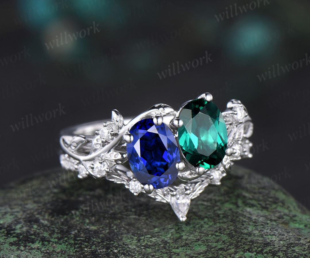 Toi et Moi ring oval emerald sapphire engagement ring 14k white gold leaf diamond bridal set nature inspired unique wedding ring set women jewelry