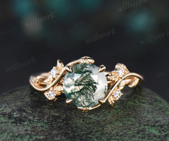 2ct round cut moss agate ring 14k yellow gold branch leaf diamond ring vintage engagement ring women