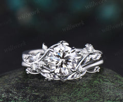 1ct round cut IGI Lab grown diamond engagement ring set solid 14k white gold three stone leaf promise ring set unique bridal set women jewelry