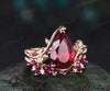 Pear red ruby engagement ring set rose gold big ruby ring vintage open gap wedding band leaf nature inspired bridal ring set women