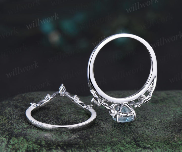 Vintage oval cut aquamarine engagement ring 14k white gold leaf nature inspired ring women unique cluster diamond bridal promise ring set
