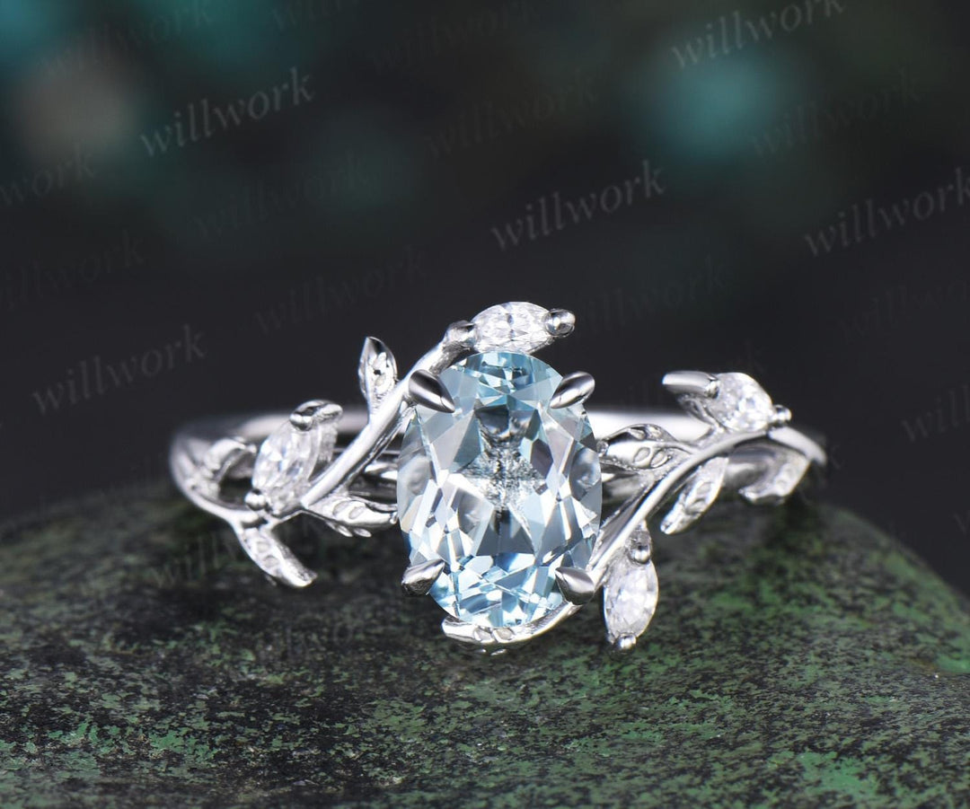 Vintage oval cut aquamarine engagement ring 14k white gold leaf nature inspired ring women unique cluster diamond bridal promise ring set