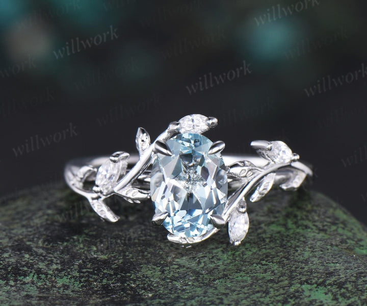 Vintage oval cut aquamarine engagement ring 14k white gold leaf nature inspired ring women unique cluster diamond bridal promise ring set