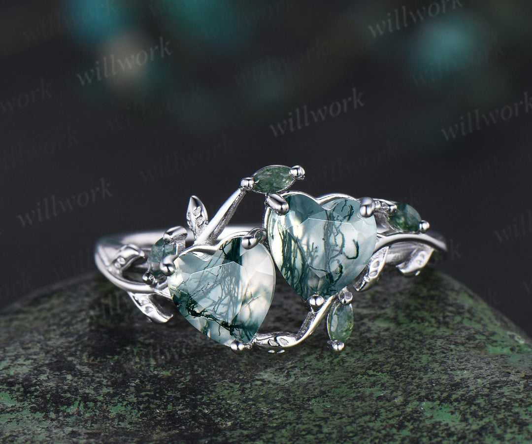 Double heart shaped moss agate engagement ring set Toi et Moi ring retro nature inspired anniversary gift