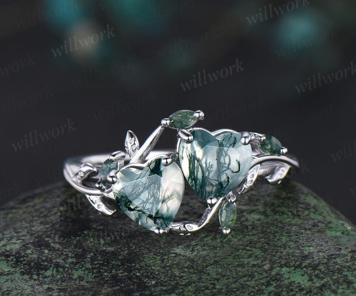 Double heart shaped moss agate engagement ring set Toi et Moi ring retro nature inspired anniversary gift