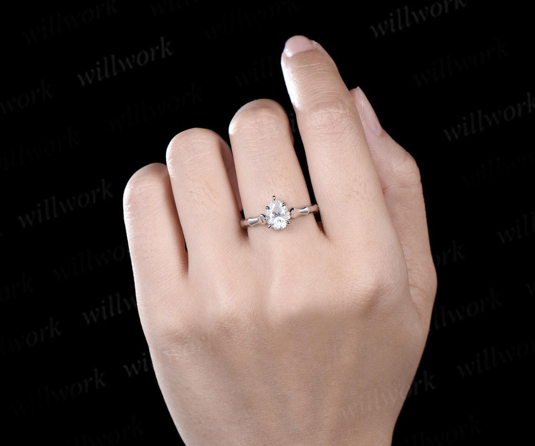 Pear cut IGI Certified Lab grown diamond engagement ring solid 14k white gold vintage claw prong solitaire unique promise wedding ring women