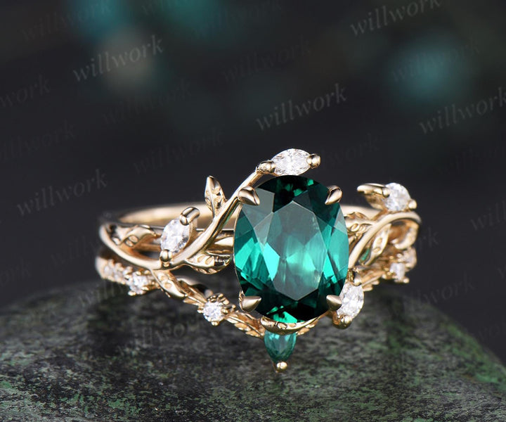 2ct oval cut green emerald engagement ring 14k yellow gold cluster leaf nature inspired moissanite annversary ring set women