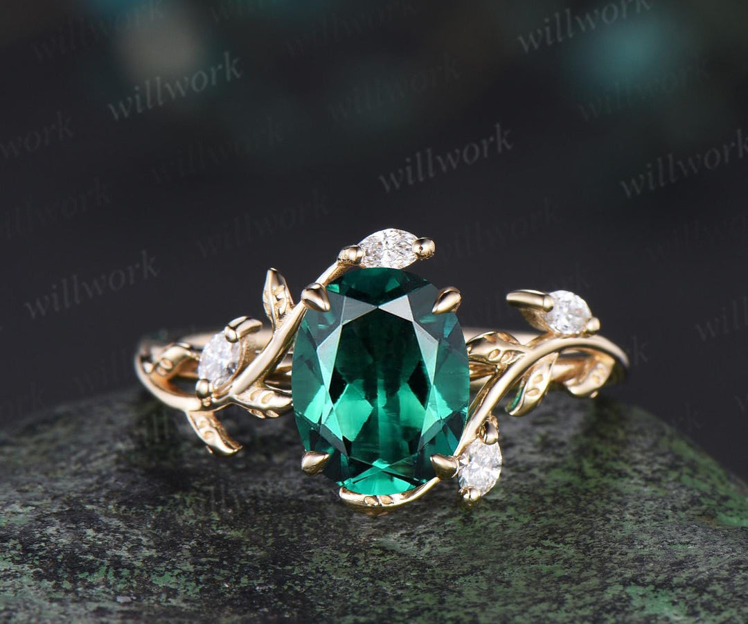 2ct oval cut green emerald engagement ring 14k yellow gold cluster leaf nature inspired moissanite annversary ring set women
