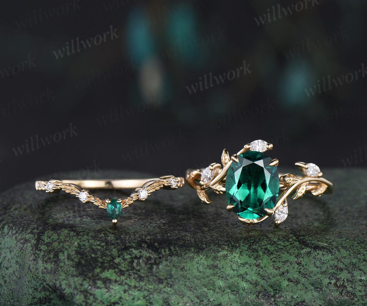 2ct oval cut green emerald engagement ring 14k yellow gold cluster leaf nature inspired moissanite annversary ring set women