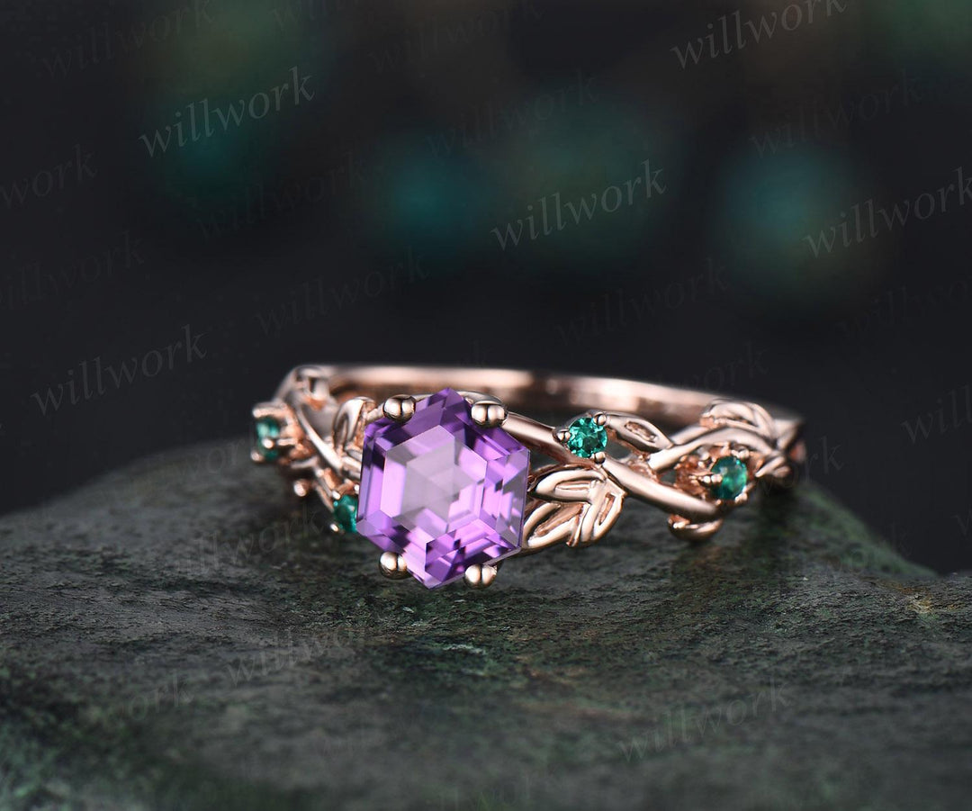 Hexagon cut amethyst ring vintage 14k rose gold five stone leaf nature inspired engagement ring twig opal ring women anniversary gift