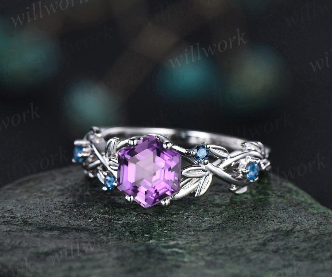 Hexagon cut amethyst ring vintage 14k rose gold five stone leaf nature inspired engagement ring twig opal ring women anniversary gift