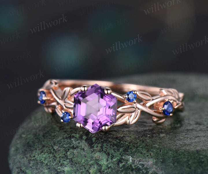 Hexagon cut amethyst ring vintage 14k rose gold five stone leaf nature inspired engagement ring twig opal ring women anniversary gift