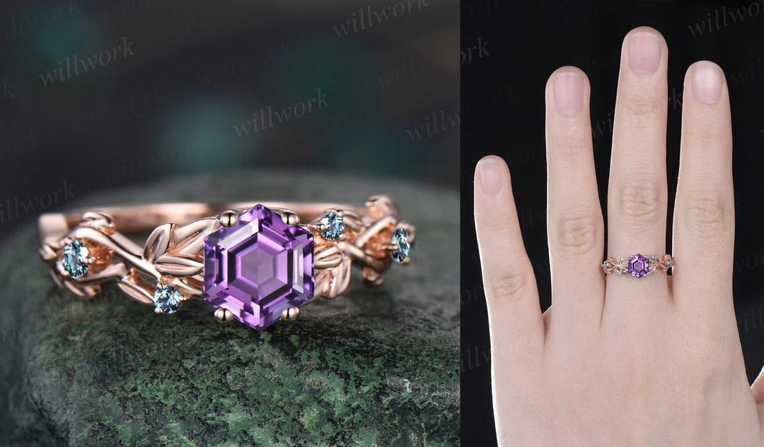 Hexagon cut amethyst ring vintage 14k rose gold five stone leaf nature inspired engagement ring twig opal ring women anniversary gift