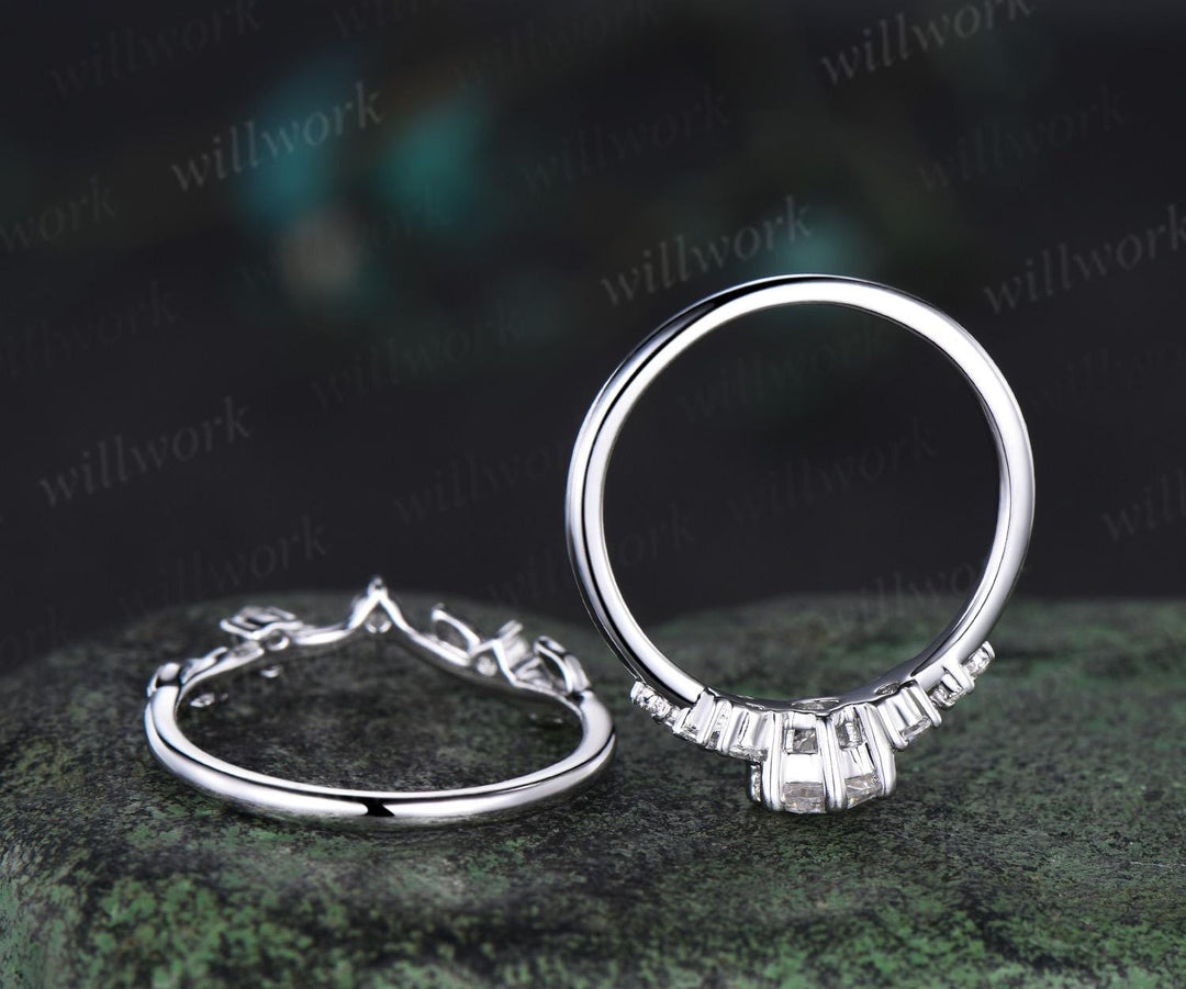 Round cut moissanite snowdrift engagement ring set 14k white gold stacking diamond wedding ring band women unique promise ring gift