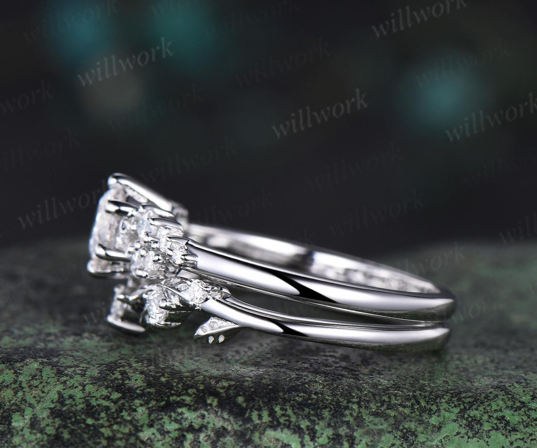 Round cut moissanite snowdrift engagement ring set 14k white gold stacking diamond wedding ring band women unique promise ring gift