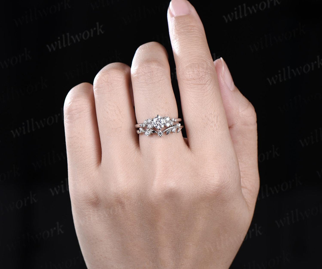 Round cut moissanite snowdrift engagement ring set 14k white gold stacking diamond wedding ring band women unique promise ring gift