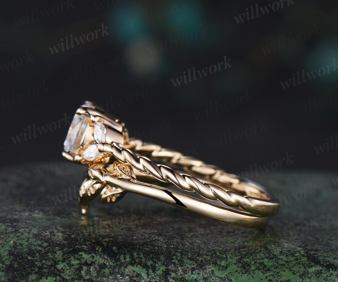 1ct Round cut moissanite engagement ring set 14k yellow gold stacking diamond leaf wedding ring band women unique promise ring gift