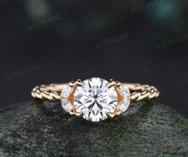 1ct Round cut moissanite engagement ring set 14k yellow gold stacking diamond leaf wedding ring band women unique promise ring gift