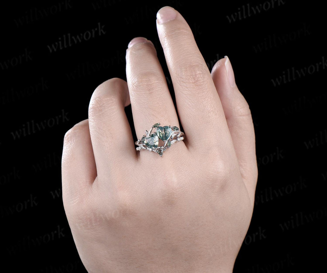Double heart shaped moss agate engagement ring set Toi et Moi ring retro nature inspired anniversary gift