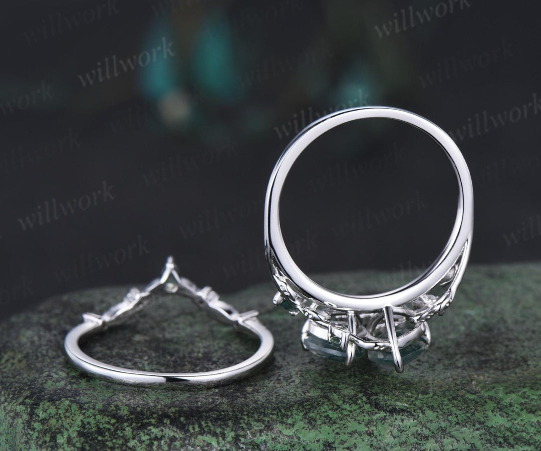 Double heart shaped moss agate engagement ring set Toi et Moi ring retro nature inspired anniversary gift