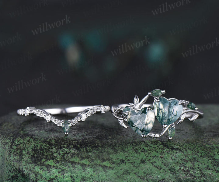 Double heart shaped moss agate engagement ring set Toi et Moi ring retro nature inspired anniversary gift
