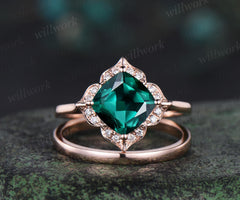 Floral cushion cut green emerald engagement ring set antique halo moissanite bridal set unique promise ring women 14k rose gold