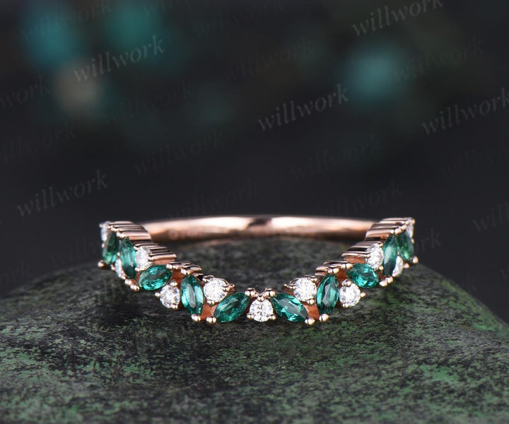 Curved marquise emerald wedding band 14k rose gold cluster moissanite wedding ring band stacking ring women  Multi-Stone Rings gift