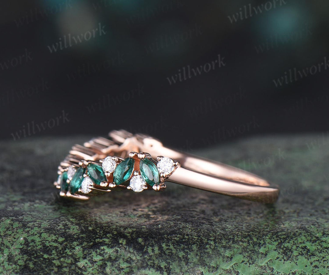 Curved marquise emerald wedding band 14k rose gold cluster moissanite wedding ring band stacking ring women  Multi-Stone Rings gift