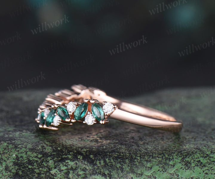 Curved marquise emerald wedding band 14k rose gold cluster moissanite wedding ring band stacking ring women  Multi-Stone Rings gift