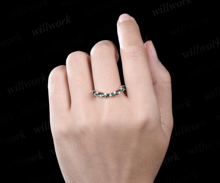 Curved marquise emerald wedding band 14k rose gold cluster moissanite wedding ring band stacking ring women  Multi-Stone Rings gift