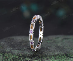 Milgrain baguette cut yellow citrine wedding band art deco full eternity amethyst ring stacking retro band women