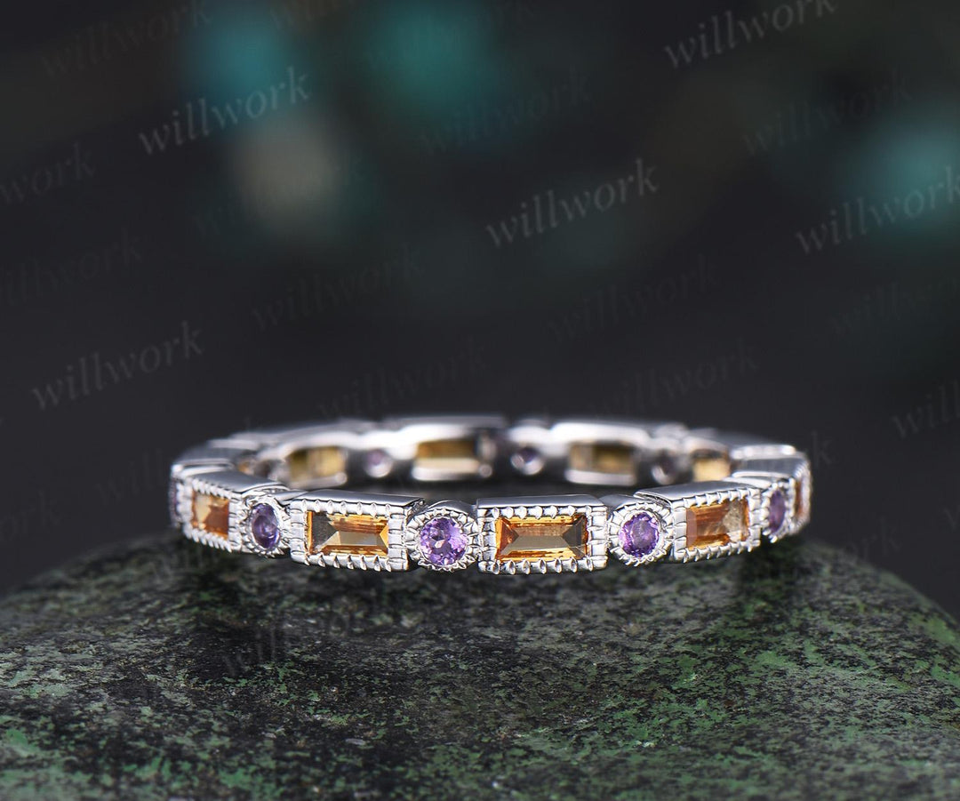 Milgrain baguette cut yellow citrine wedding band art deco full eternity amethyst ring stacking retro band women