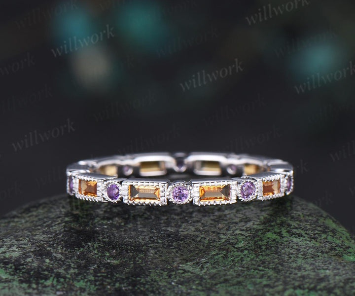 Milgrain baguette cut yellow citrine wedding band art deco full eternity amethyst ring stacking retro band women