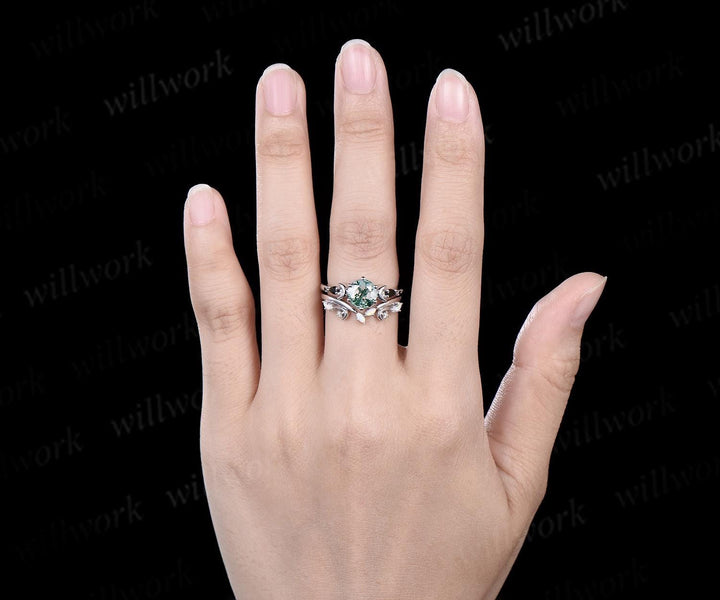 Round cut green moss agate moon engagement ring set white gold stacking five stone black spinel opal anniversary gift