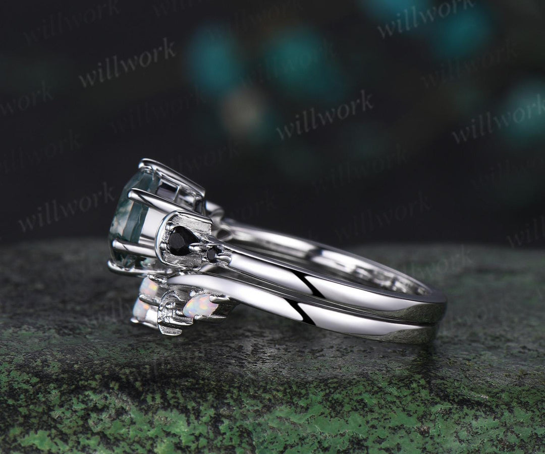 Round cut green moss agate moon engagement ring set white gold stacking five stone black spinel opal anniversary gift
