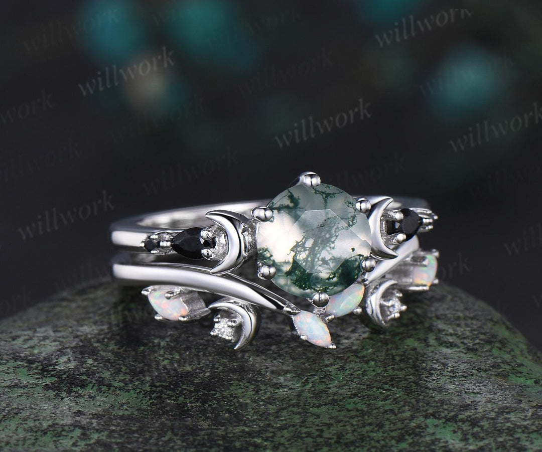 Round cut green moss agate moon engagement ring set white gold stacking five stone black spinel opal anniversary gift