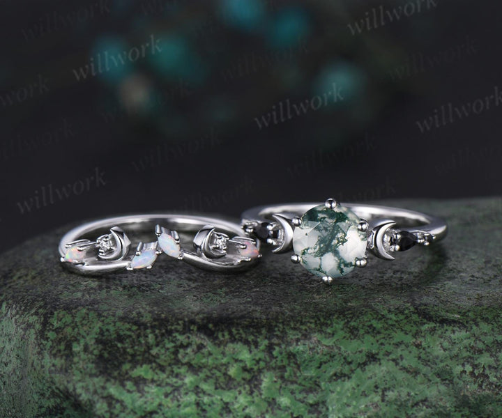 Round cut green moss agate moon engagement ring set white gold stacking five stone black spinel opal anniversary gift