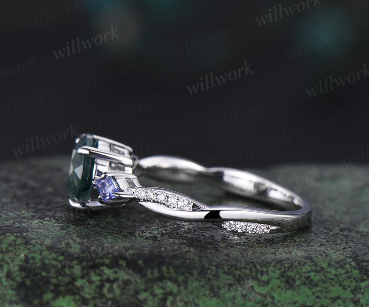 Round cut natural moss agate engagement ring kite Tanzanite ring white gold retro 3/4 eternity diamond promise ring her jewelry
