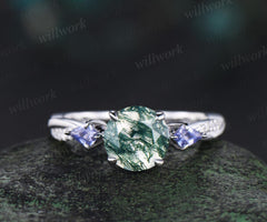 Round cut natural moss agate engagement ring kite Tanzanite ring white gold retro 3/4 eternity diamond promise ring her jewelry