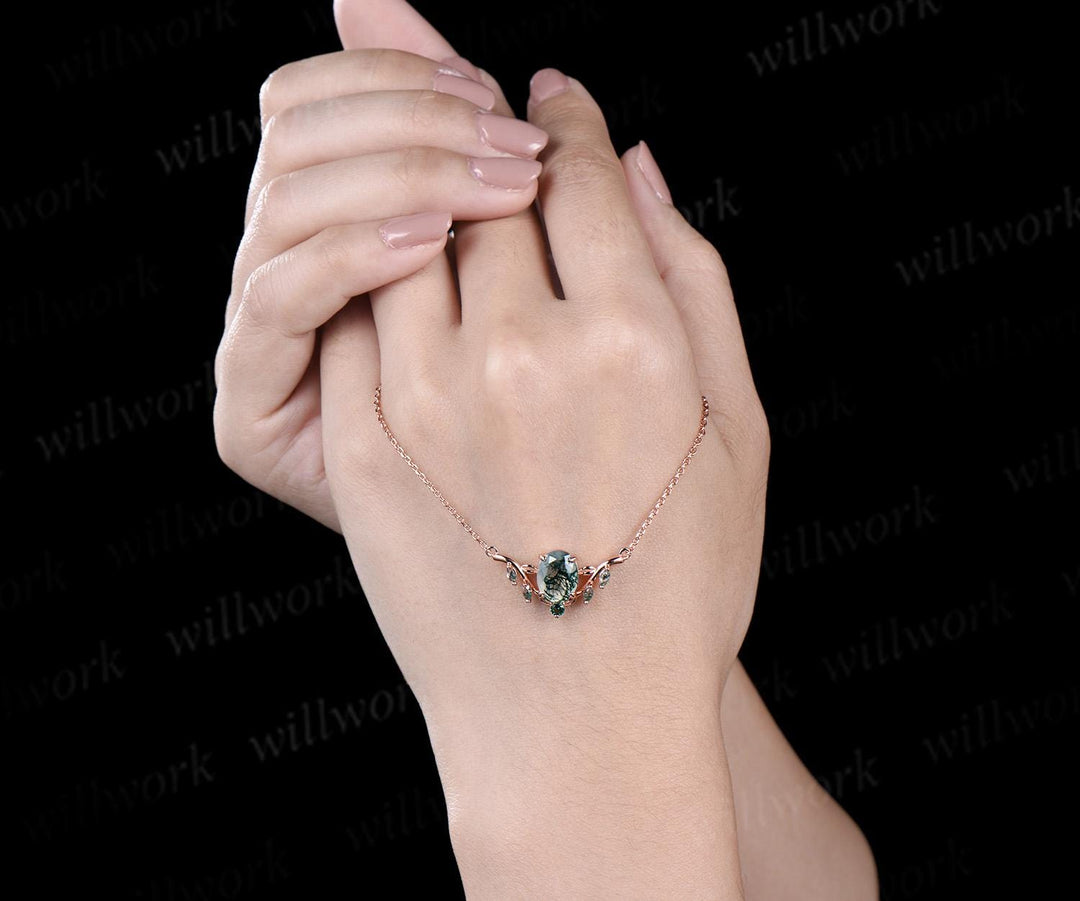 2ct oval cut natural moss agate necklace solid 14k rose gold leaf nature inspired emerald pendant women gift mother