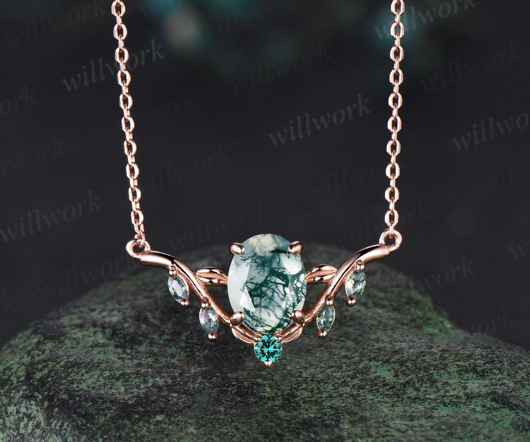2ct oval cut natural moss agate necklace solid 14k rose gold leaf nature inspired emerald pendant women gift mother