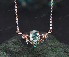2ct oval cut natural moss agate necklace solid 14k rose gold leaf nature inspired emerald pendant women gift mother