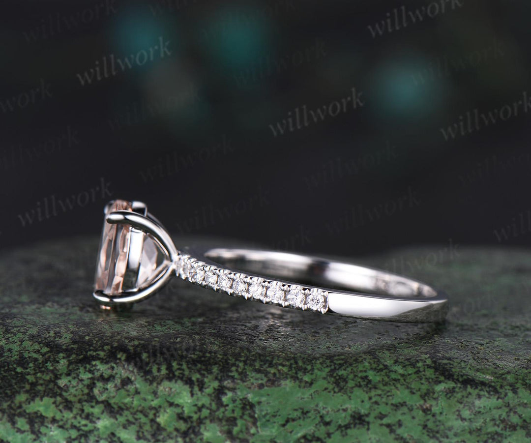 Oval cut morganite engagement ring white gold dainty half eternity diamond promise ring her