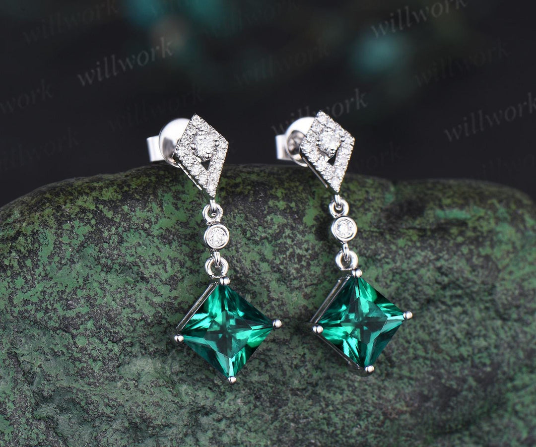 1ct princess cut green emerald earrings women 14k white gold bezel kite halo diamond drop earrings May birthstone anniversary gift for her