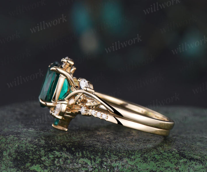 2ct oval cut green emerald engagement ring 14k yellow gold cluster leaf nature inspired moissanite annversary ring set women