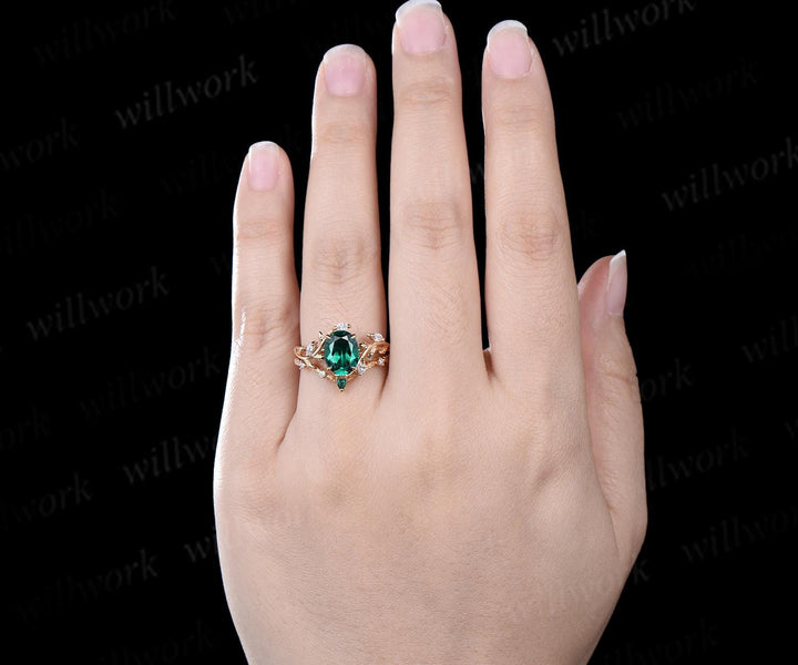 2ct oval cut green emerald engagement ring 14k yellow gold cluster leaf nature inspired moissanite annversary ring set women